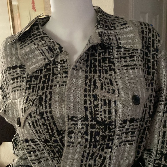 Kempson Sweater Cardigan, Black, Grey & White Plaid w/ Front Button Pockets, M - Picture 2 of 9